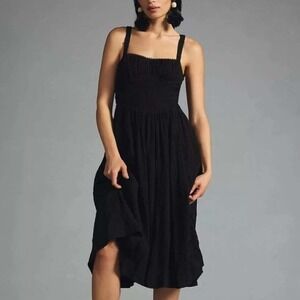 Anthropologie‎ Textured Smocked Midi Dress S Black Boho Cottage Peasant Prairie